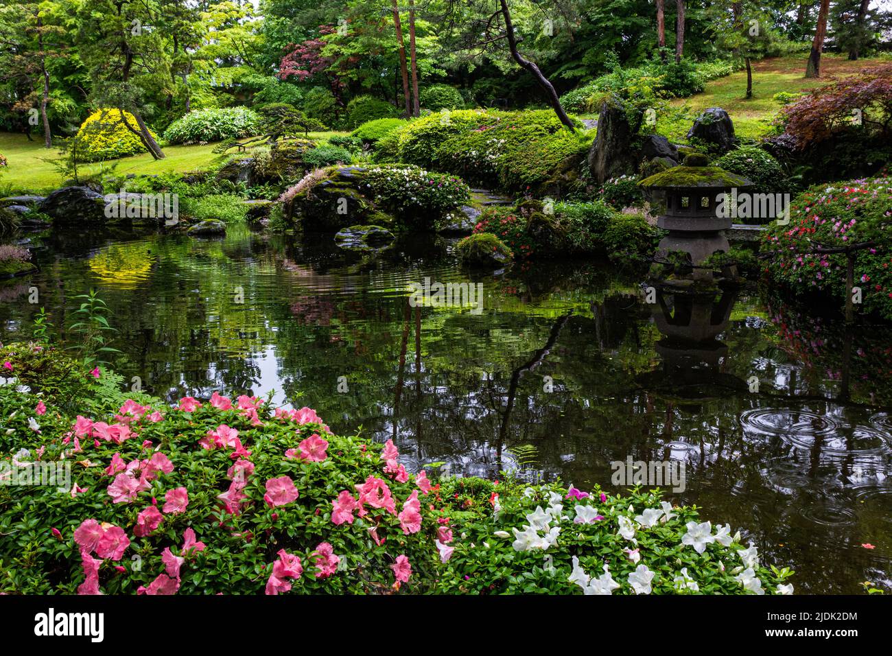 Unrei-an is a Japanese garden found within the compound of Aizu Homare Shuzo Sake distillery.  The garden was created during the Showa period.  This g Stock Photo