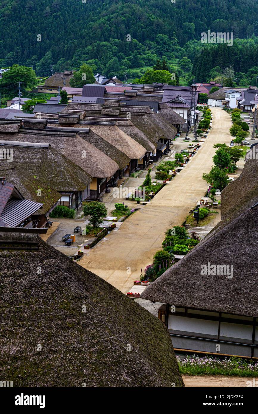 Ouchi-juku prospered as a post town on an important road connecting Aizu Wakamatsu City and Nikko during the Edo period. Even today, private homes wit Stock Photo