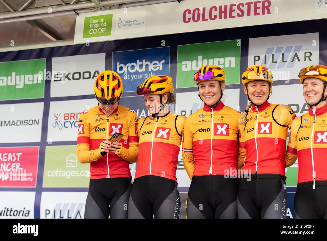 Anne Dorthe Ysland, Mie Bjorndal Ottestad, Julie Leth, Joscelin Lowden, Hannah Ludwig, riders of team Uno X Pro Cycling Team before racing in the UCI Stock Photo