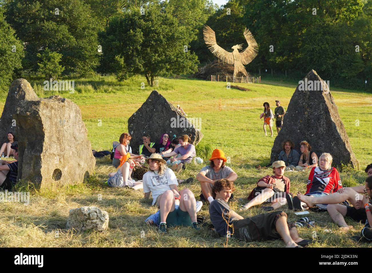 Glastonbury, UK. Tuesday, 21 June, 2022. On-site workers relaxing a day before Glastonbury 2022 opens its doors to the public. Photo: Richard Gray/Alamy Live News Stock Photo