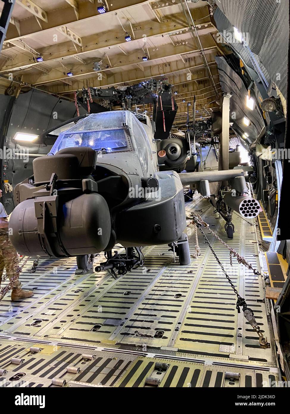 The 1st Attack Reconnaissance Battalion, 211th Aviation Regiment, Utah National Guard, load four AH-64D Apache helicopters onboard a C-5 Galaxy, to be transported to Morocco in support of African Lion 22, a U.S. Africa Command annual exercise on Saturday, June 18, 2022.     The 1-211th ARB aircraft maintaniners prepped the aircraft for loading onto the C-5 by folding the blades and then members of the 151st Air Refueling Wing, Utah Air National Guard, assisted in loading and securing the helicopters on the C-5 from Travis Air Force Base, California, for transportation to Morocco. Stock Photo