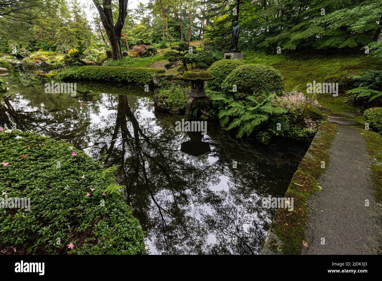 Unrei-an is a Japanese garden found within the compound of Aizu Homare Shuzo Sake distillery.  The garden was created during the Showa period.  This g Stock Photo