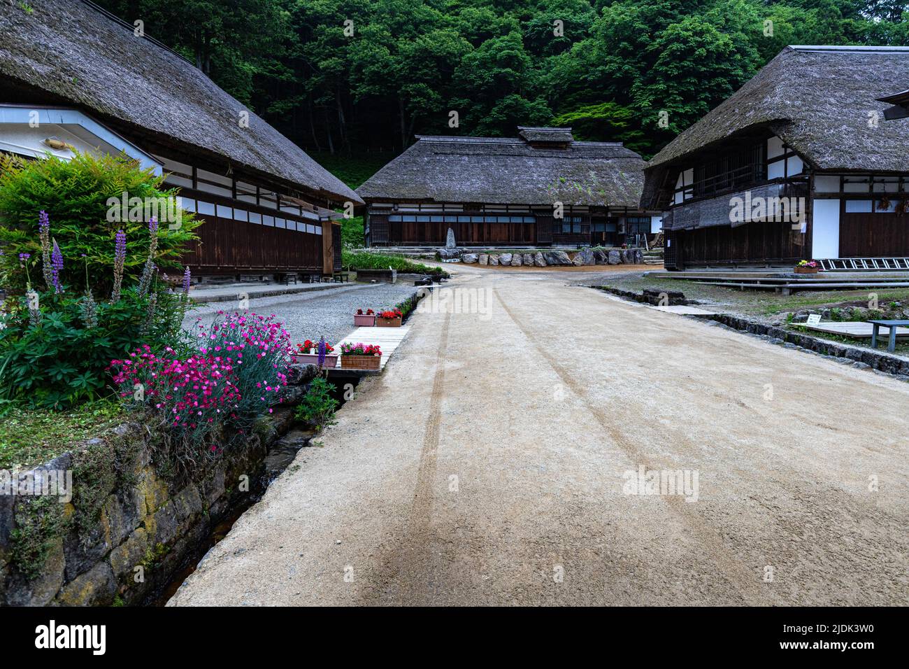 Ouchi-juku prospered as a post town on an important road connecting Aizu Wakamatsu City and Nikko during the Edo period. Even today, private homes wit Stock Photo