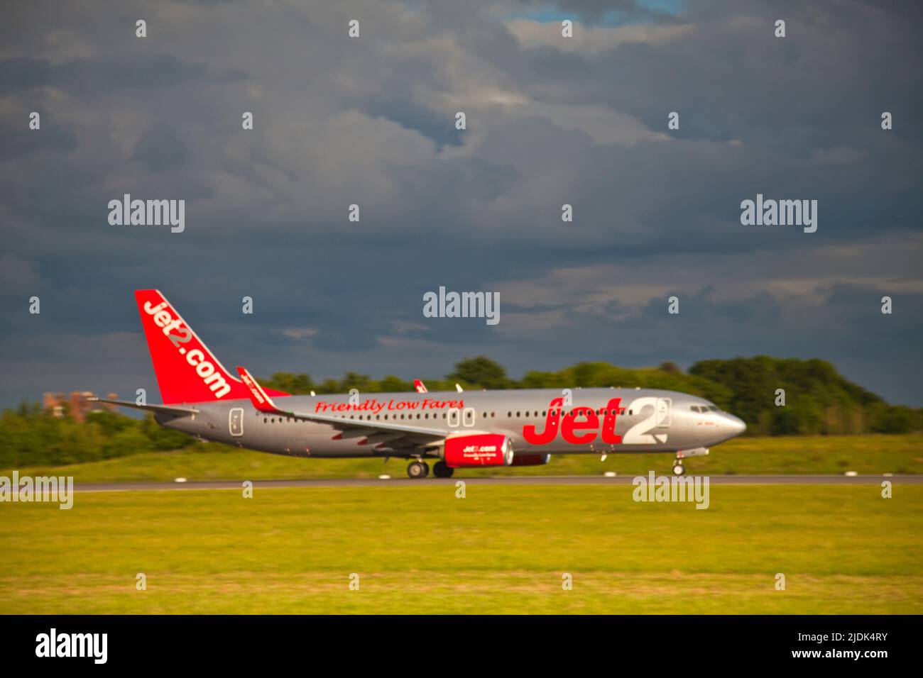 Jet 2 plane taking off from Manchester airport's runway, UK Stock Photo