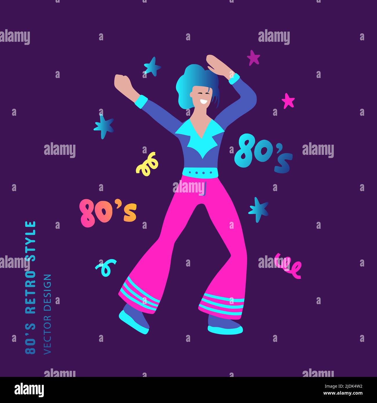 80s retro party dancing man clipart. Cartoon boy character human vector card. Stock Vector