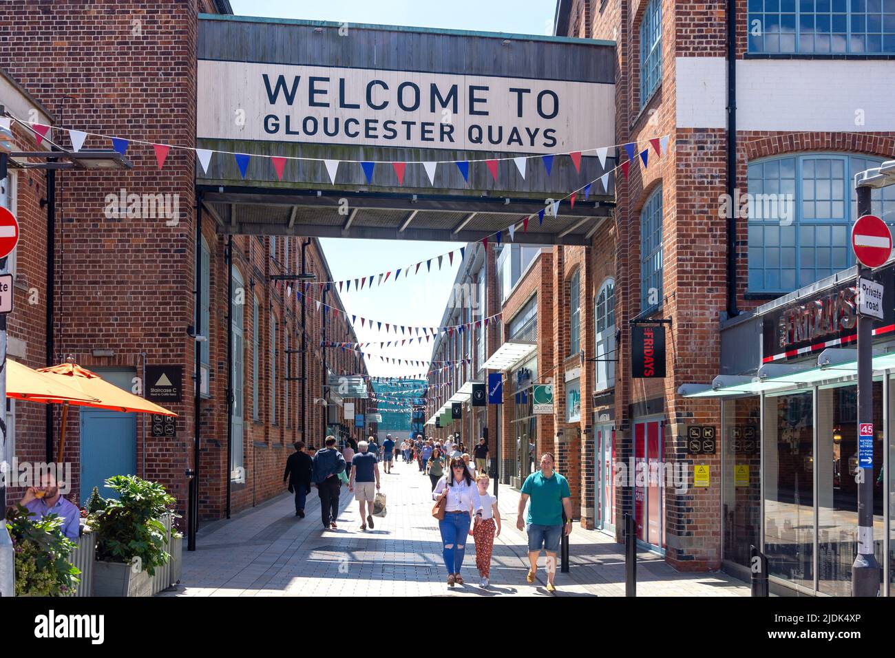 Entrance to Gloucester Quays Outlet Shopping Centre, Gloucester Docks, Gloucester, Gloucestershire, England, United Kingdom Stock Photo