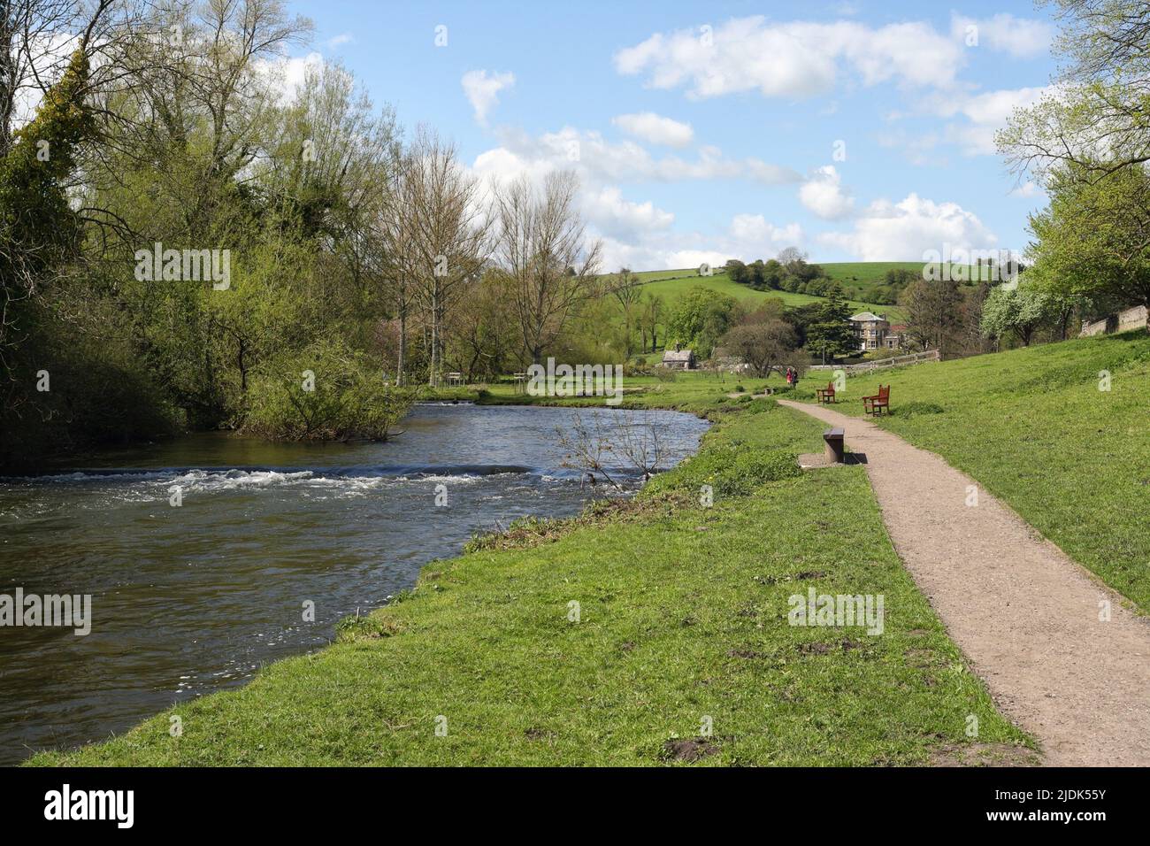 Footpath River Wye in Bakewell, Derbyshire England UK. Peak district National Park, flowing water. Scenic landscape Stock Photo