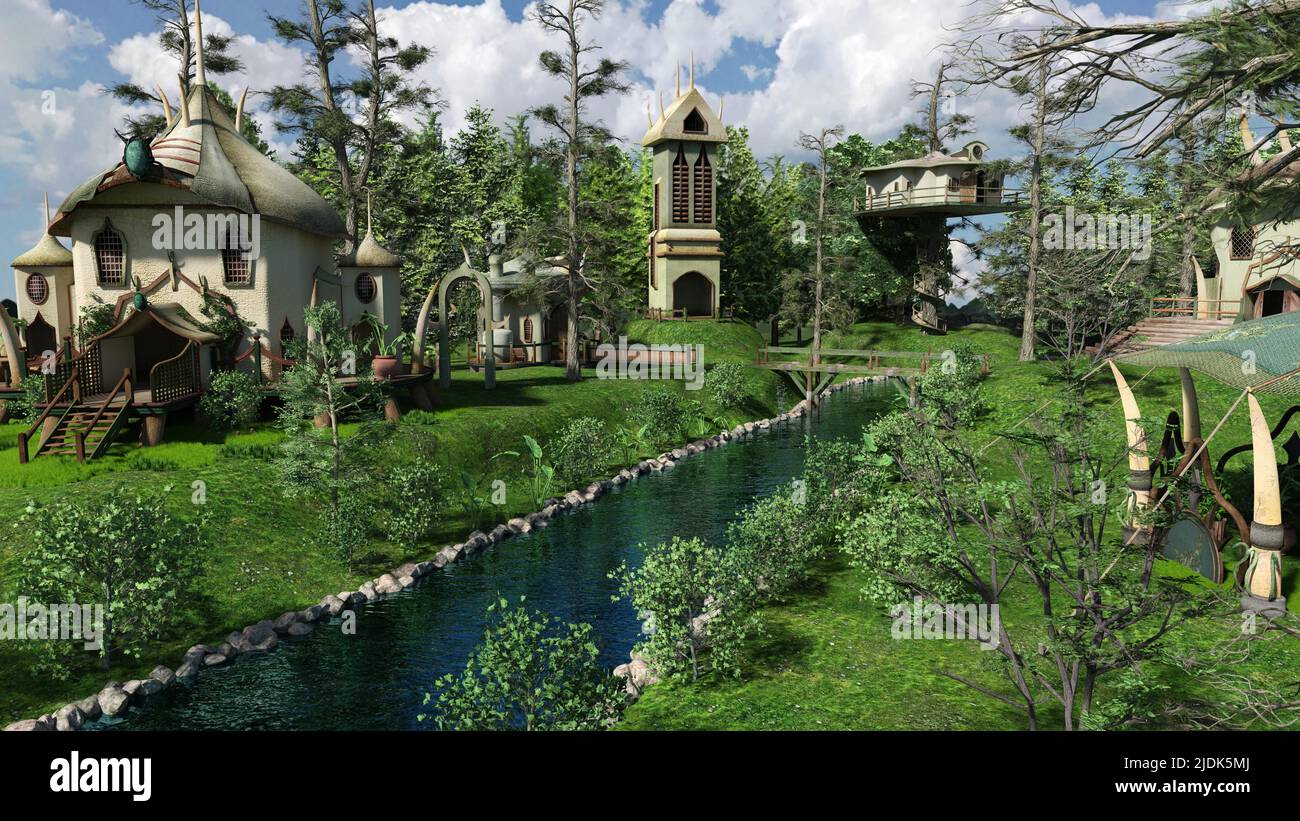 3d-illustration of an beautiful elven village panorama Stock Photo