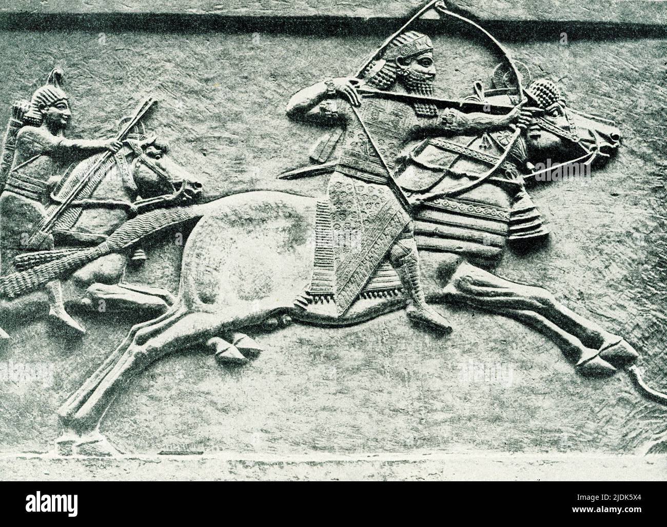 This 1910 image shows an Assyrian king hunting. The stone relief is in the British Museum in London. Here, the king Ashurbanipal gallops forward, shooting at wild asses. One of the horsemen behind him has spare arrows and the other has a spare mount. Asses are shot or pulled down by dogs. Ashurbanipal ruled in 600s BC. Date of this relief uncovered at North Palace at Nineveh is 645-635 BC. Stock Photo