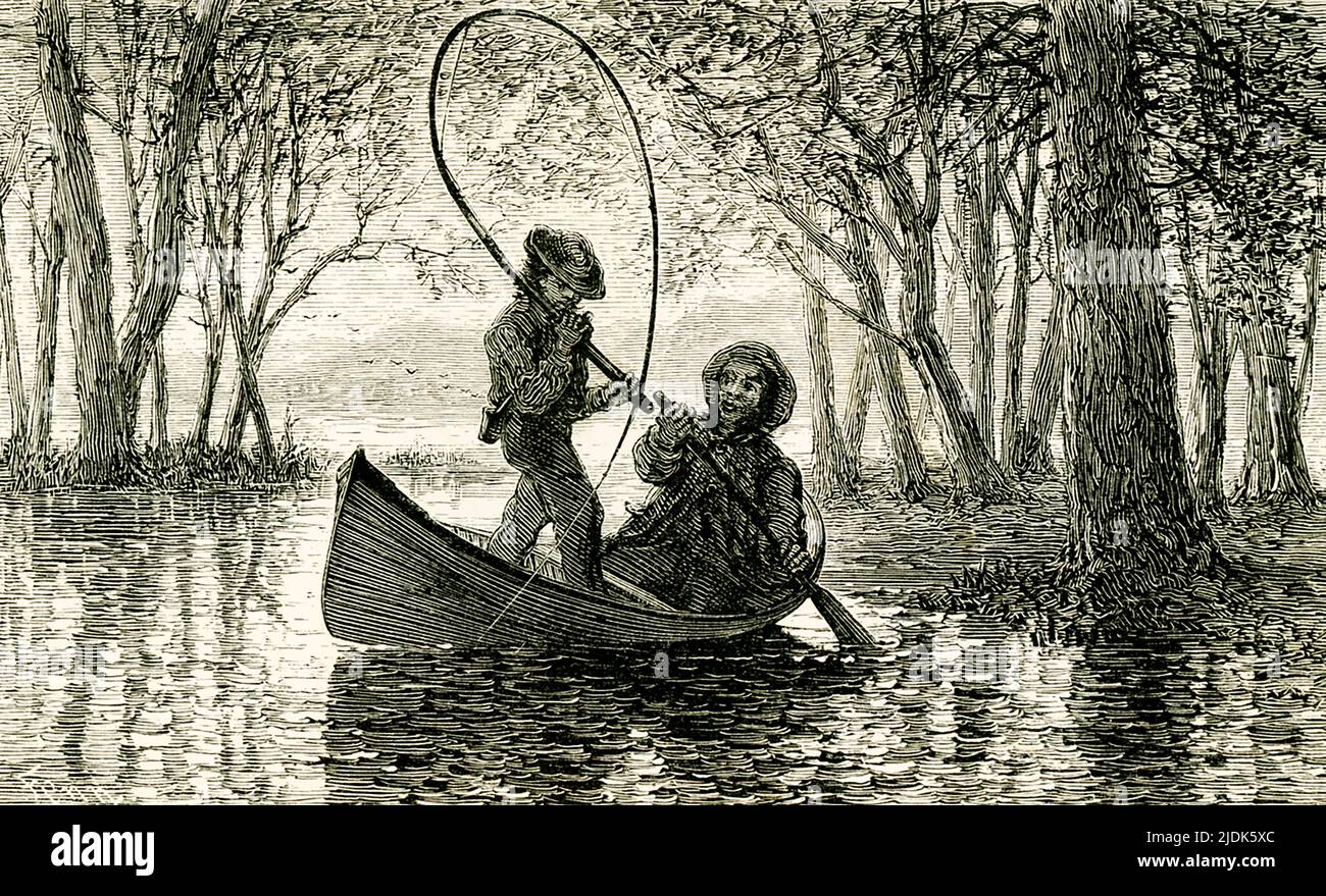 The 1869 caption reads: I looked at John, his eyes were fastened on the rod.' The illustration shows two males fishing in the Adirondacks. Stock Photo
