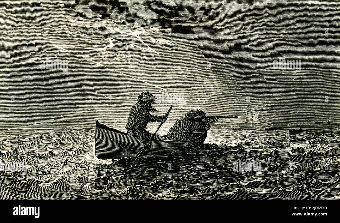 The 1869 caption reads: 'Steady there!' The illustration shows two males in a small boat, one paddling, the other with a gun firing at some animal. The location is the Adirondacks. Stock Photo