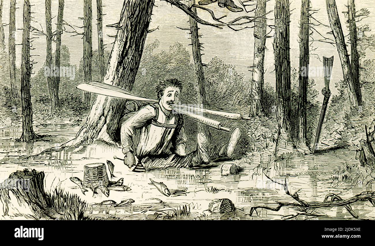 The 1869 caption reads: 'It is pleasant for a man, in the position that I was in, to feel that he has something under him.' The image shows a man having swamped his boat in the Adirondack area, the fish he caught escaping from the basket., oars in his hand, gun caught in mud. Stock Photo
