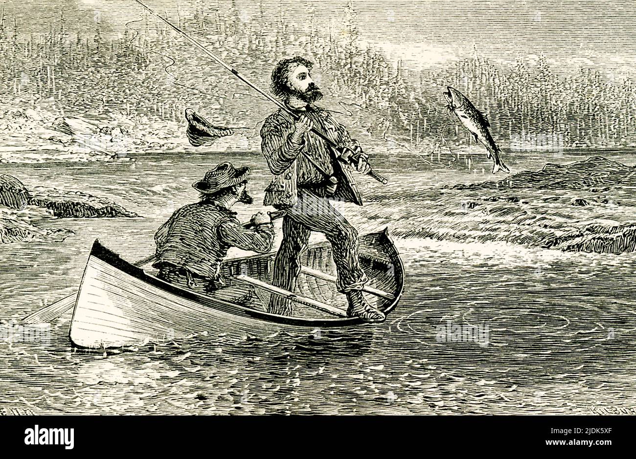 The 1869 caption reads: ' When, high in mid air, he shook himself, the crystal drops were flung into my very face.' The scene shows two men in a boat fishing in the Adirondacks. Stock Photo