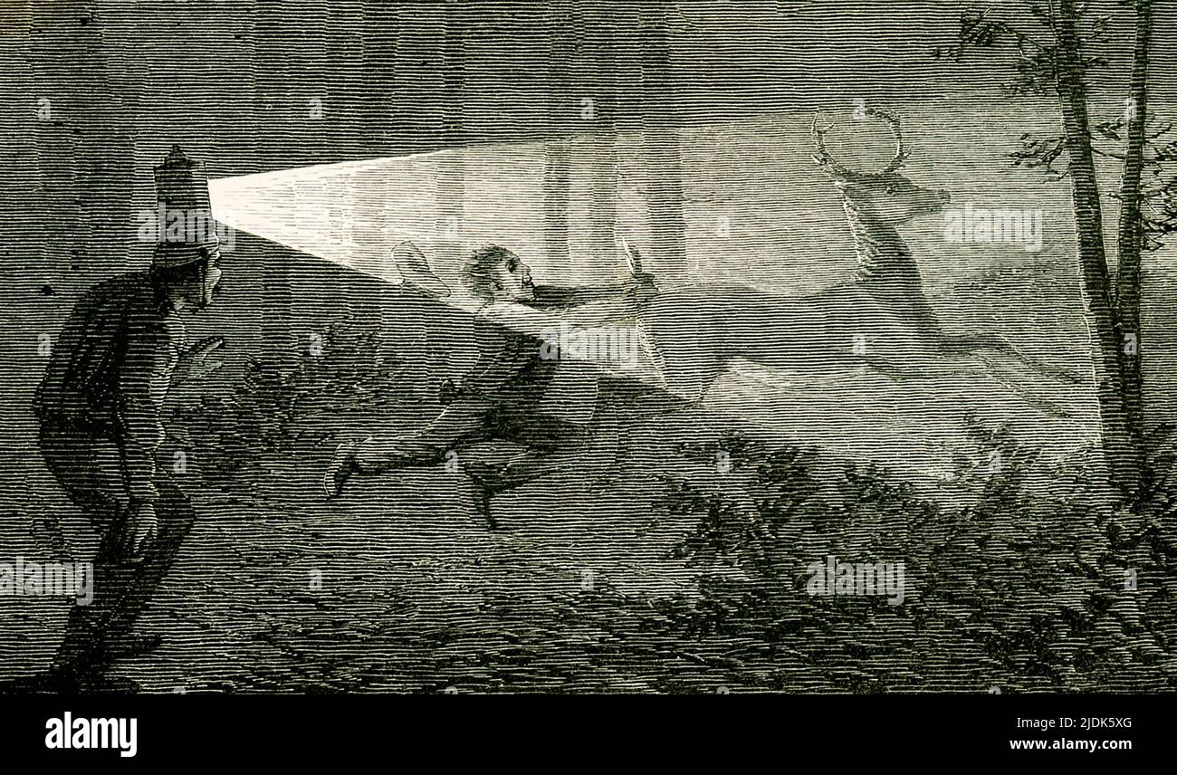 The 1869 caption reads: 'Martin, I shouted, Hang on, that's your deer. I quit all claim to him.' The image shows a man with a headlamp shining on a deer and another 'Martin' grabbing the deer by the tail. Stock Photo