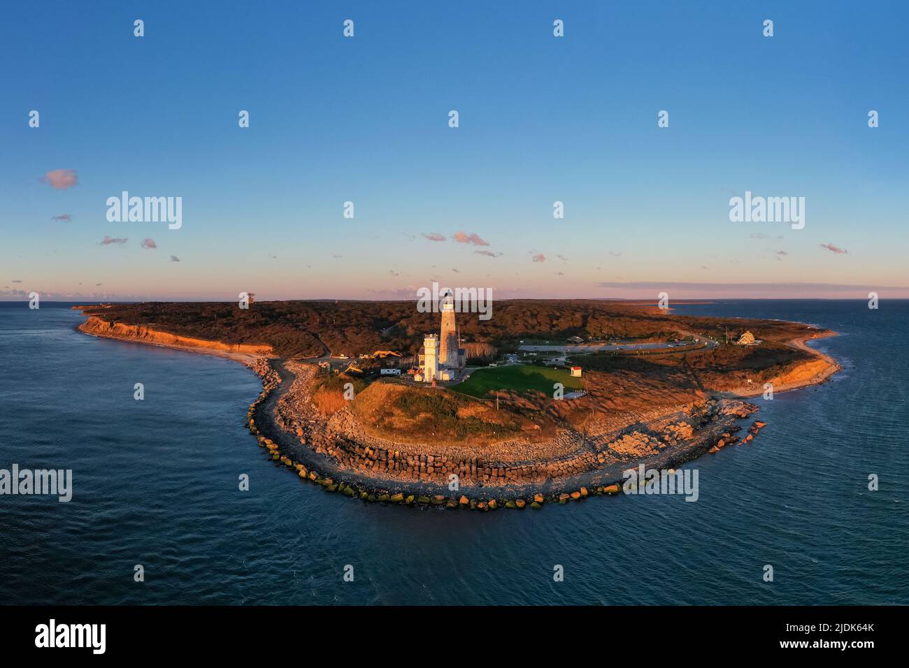 Montauk Lighthouse and beach at sunrise, Long Island, New York, USA. Stock Photo