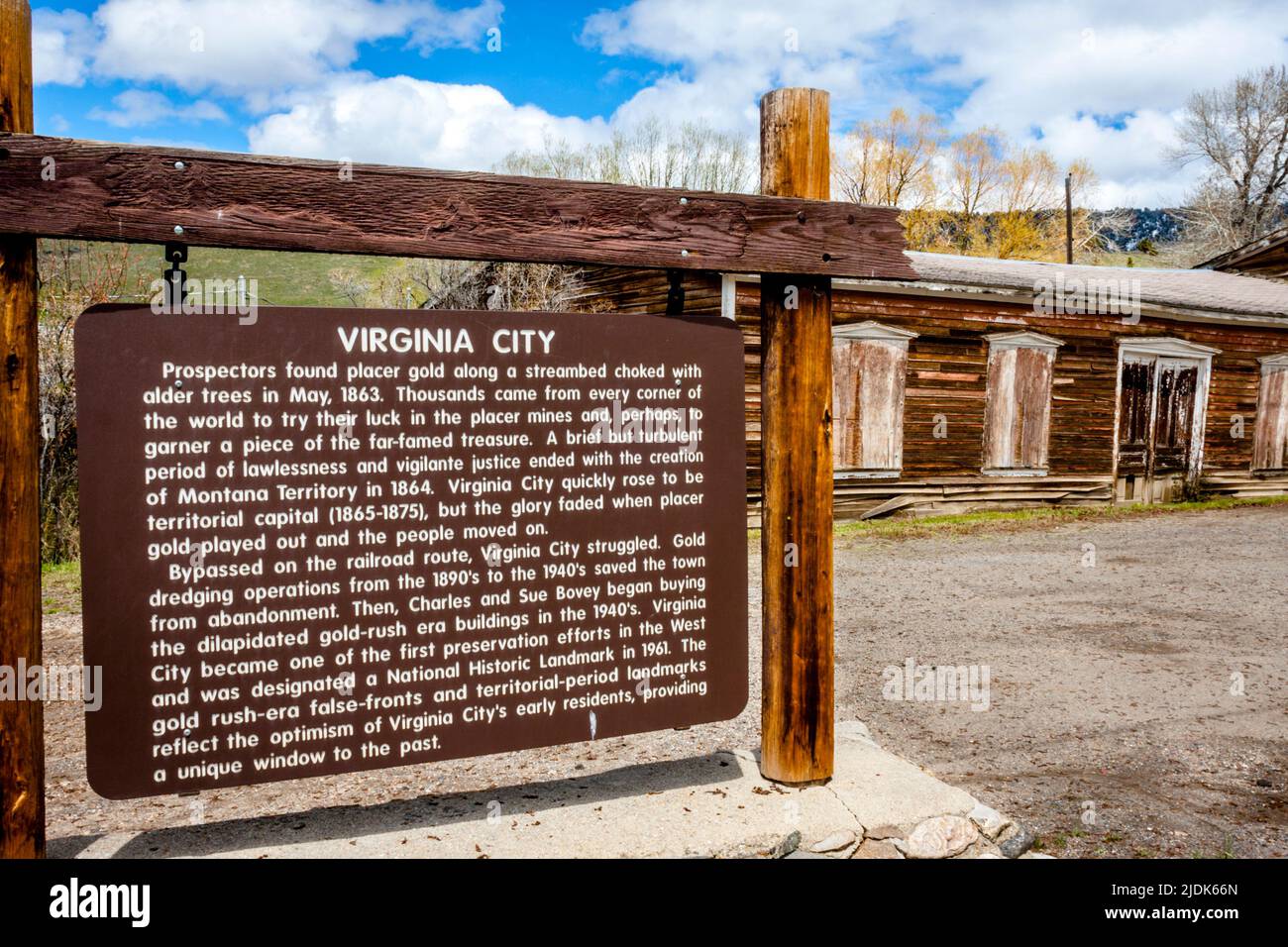 Virginia City tourist attraction has a large hanging wooden sign giving the history of the area from gold rush times. Stock Photo