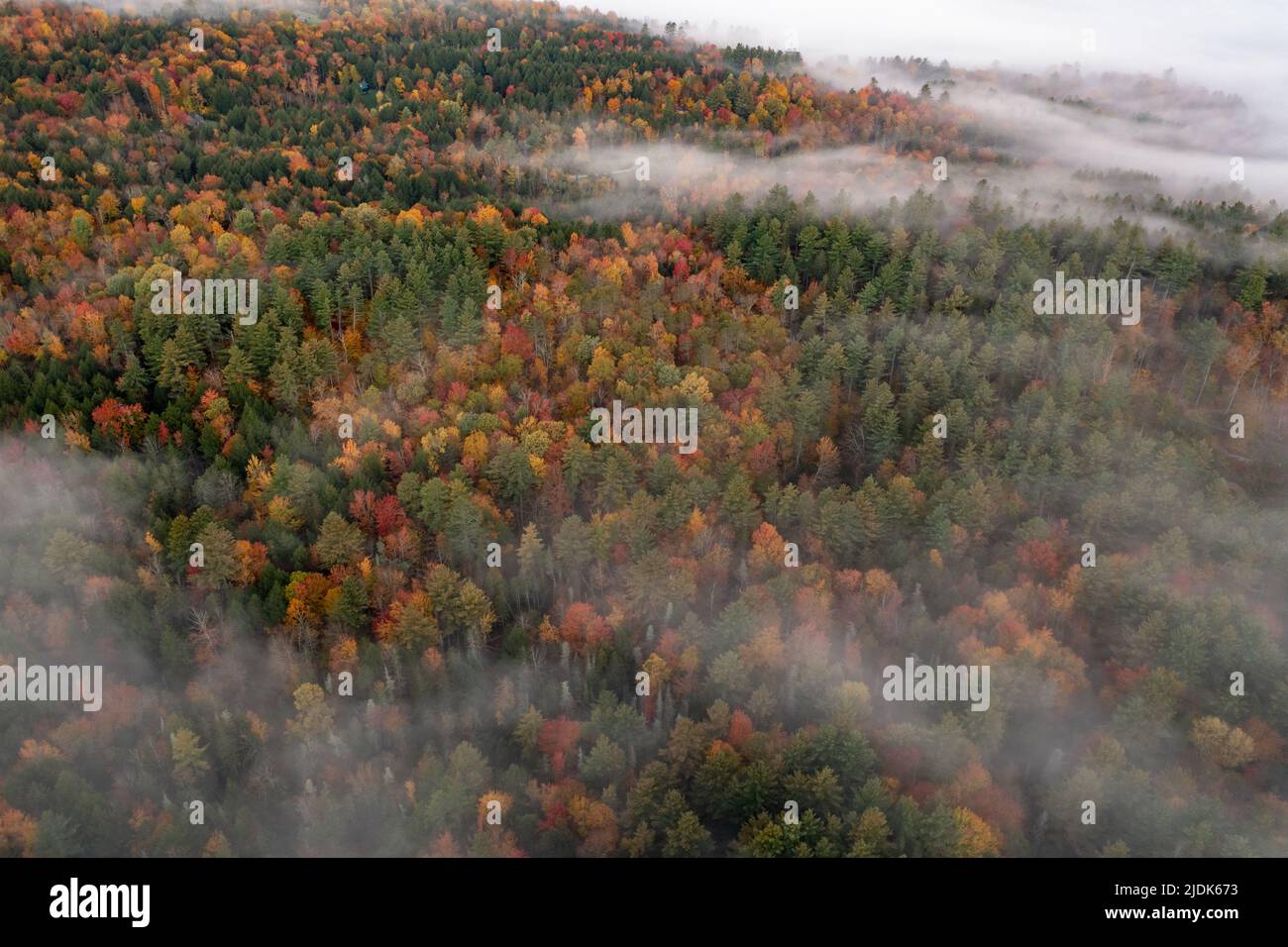 Panoramic view of peak fall foliage in Stowe, Vermont. Stock Photo