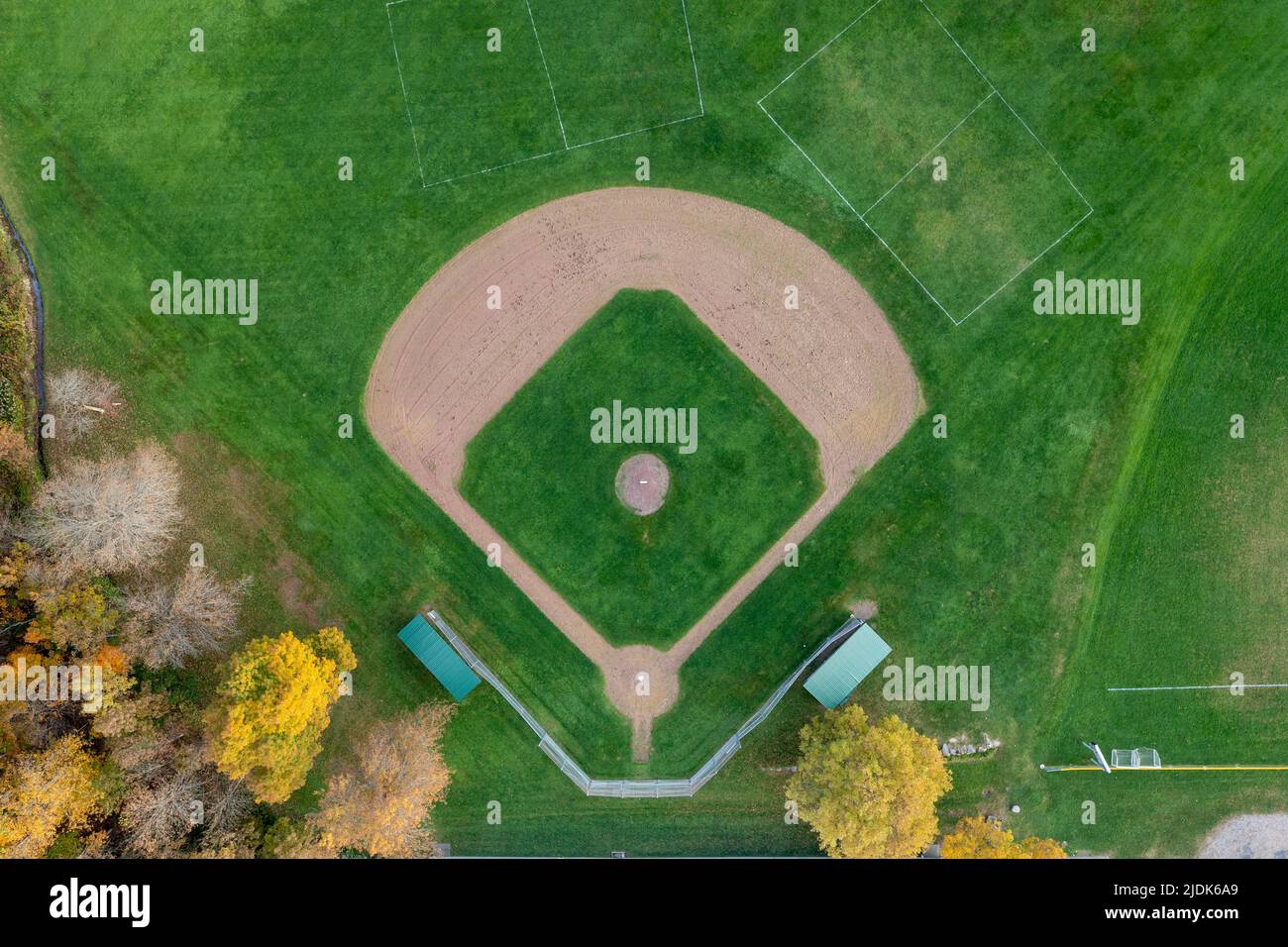 Aerial view of a grassy baseball diamond in Stowe, Vermont. Stock Photo