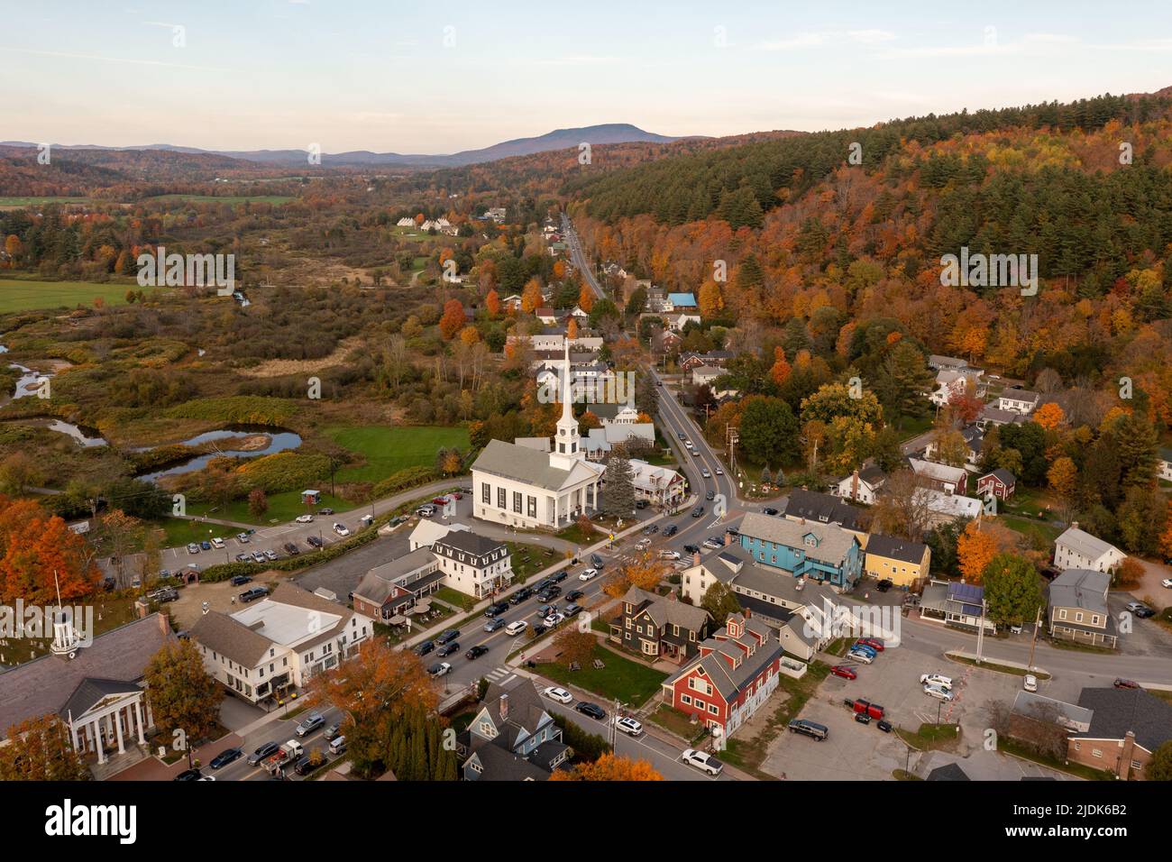 White Community Church in the famous ski town of Stowe in Vermont during the fall. Stock Photo