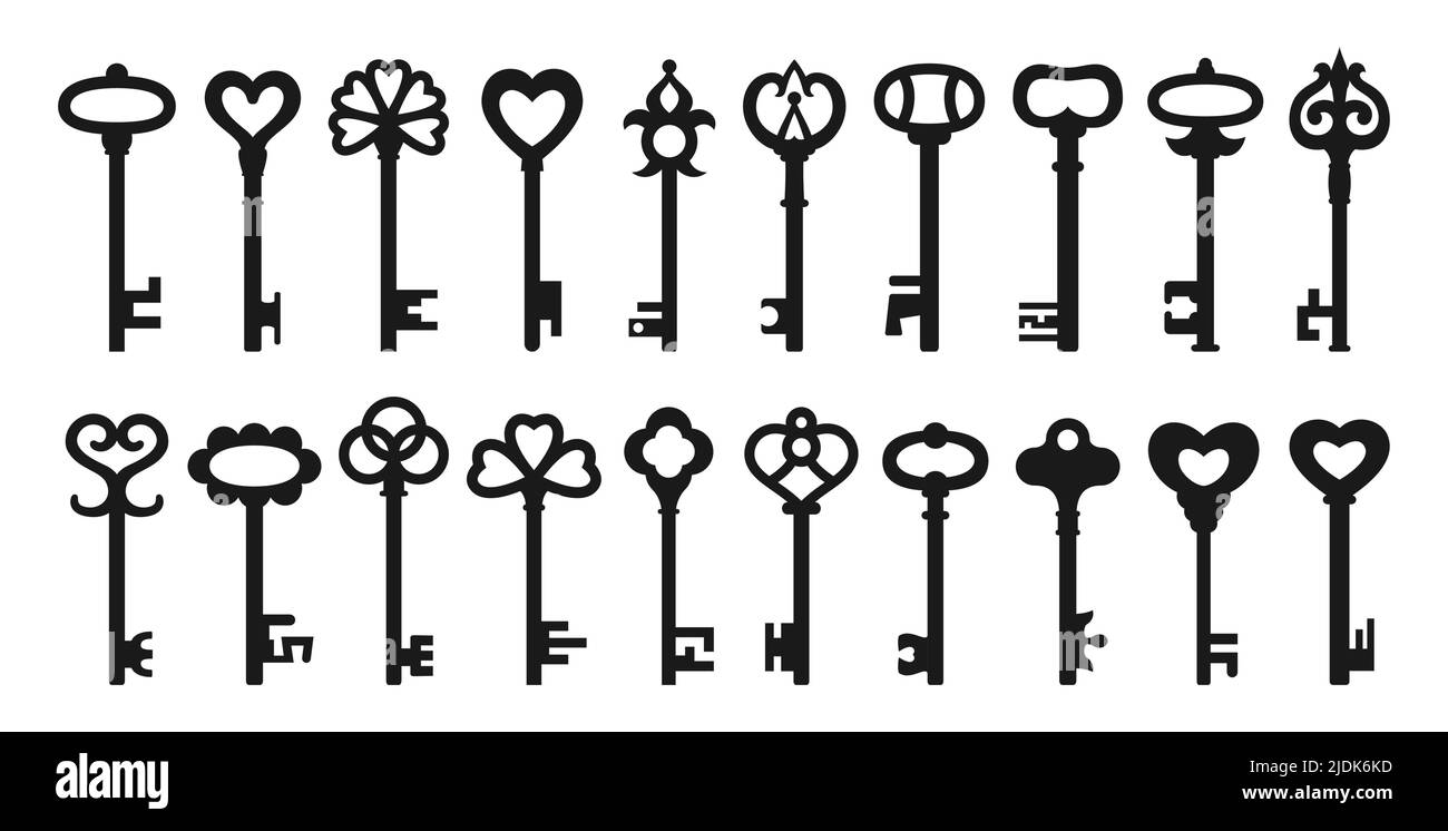 Key silhouette icon set. Old keys for safety, security protection vintage, antique design element. Retro and modern private access symbol for logo, game, web or app ui icon locking encryption. Vector Stock Vector
