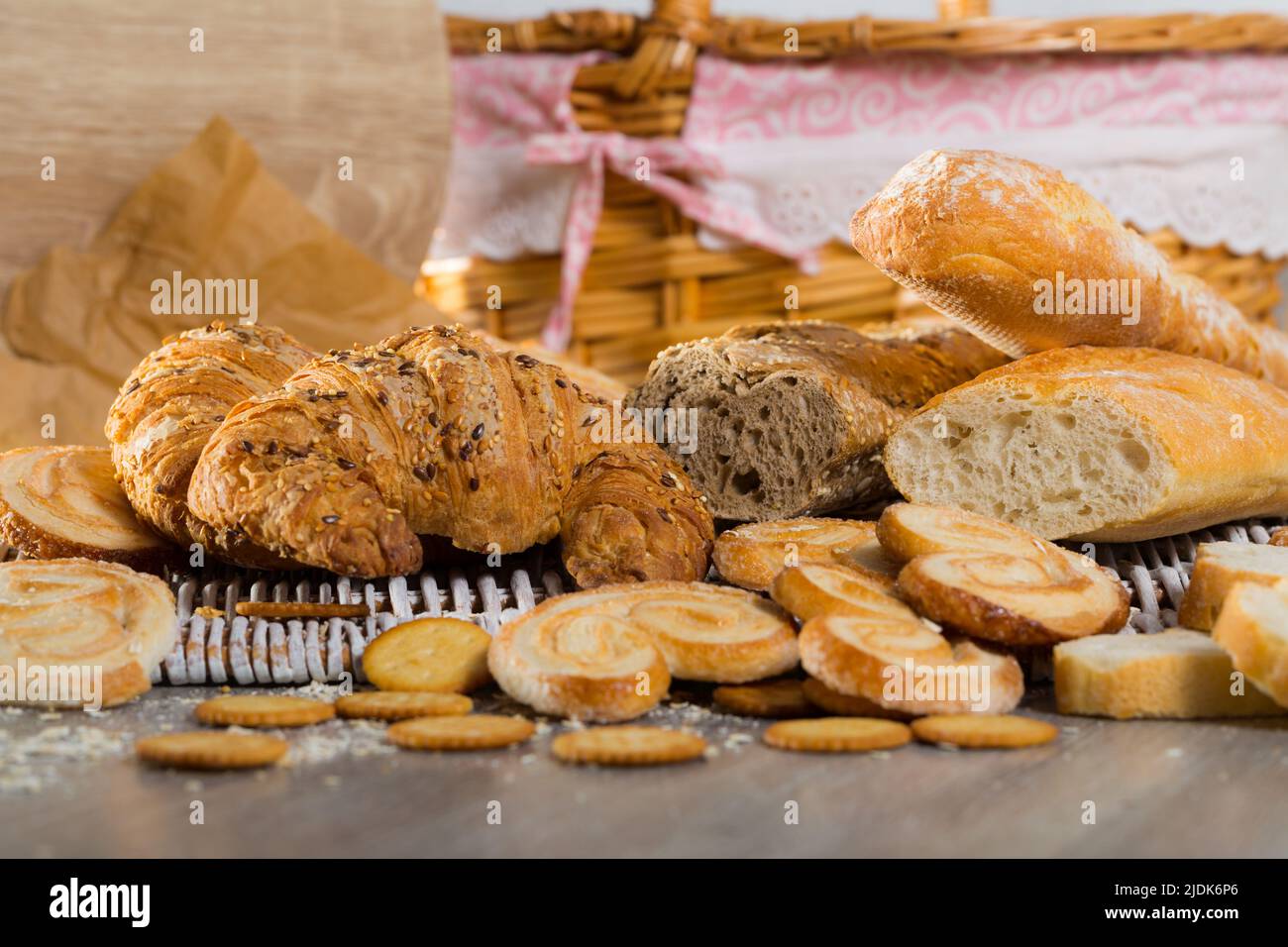 Various bakery products on rattan mat Stock Photo