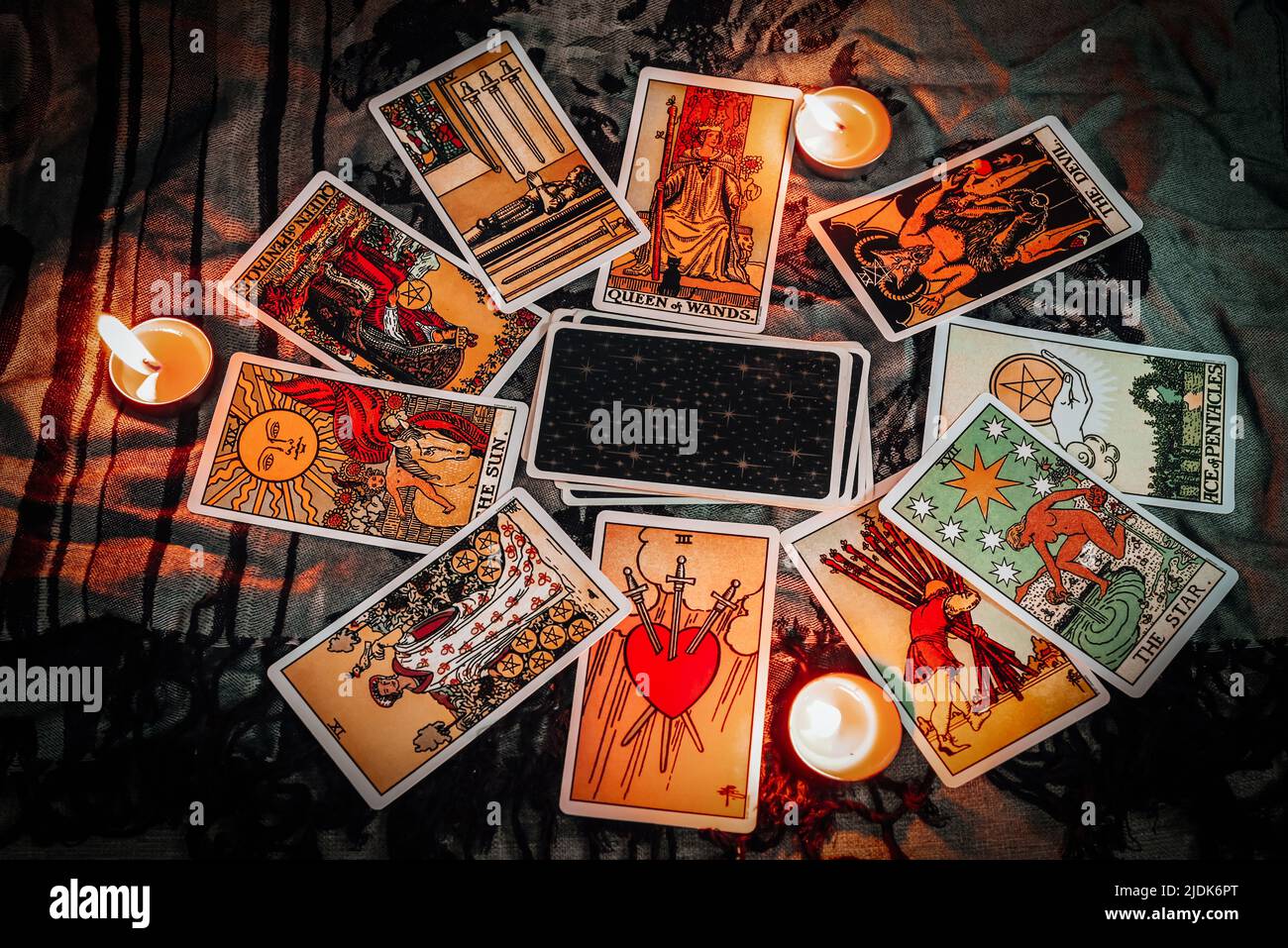 Tarot reading with tarot card background and candlelight on the table for  Astrology Occult Magic Spiritual Horoscopes and Palm reading fortune teller  Stock Photo - Alamy