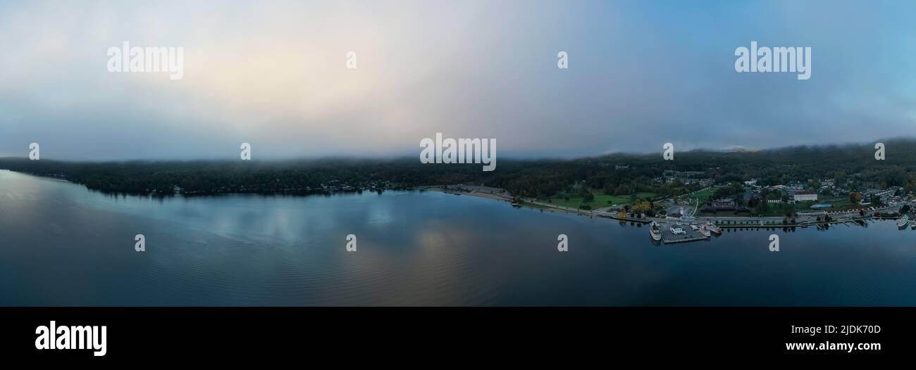 Panoramic view of the bay in Lake George, New York at dawn. Stock Photo