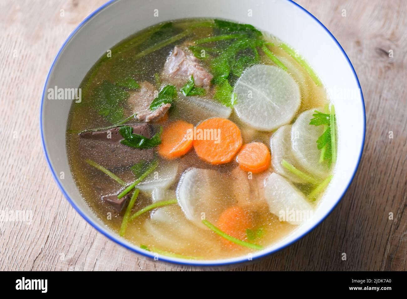 View of Menu healthy food , clear soup bowl with pork ribs pig pork blood ...