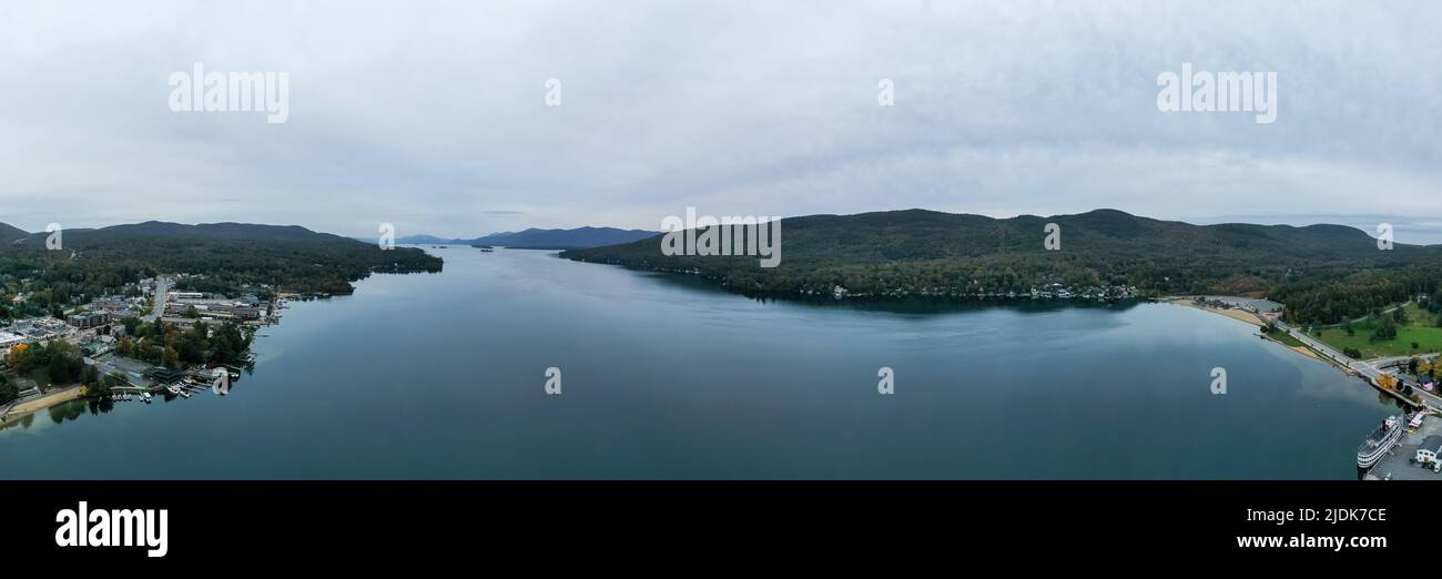 Aerial view of the city of Lake George, New York in the early morning. Stock Photo