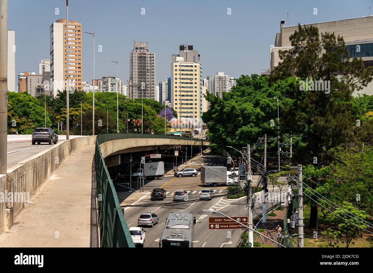 Partial view of Antartica viaduct running over Francisco Matarazzo avenue in Barra Funda district with many high rise buildings at back. Stock Photo