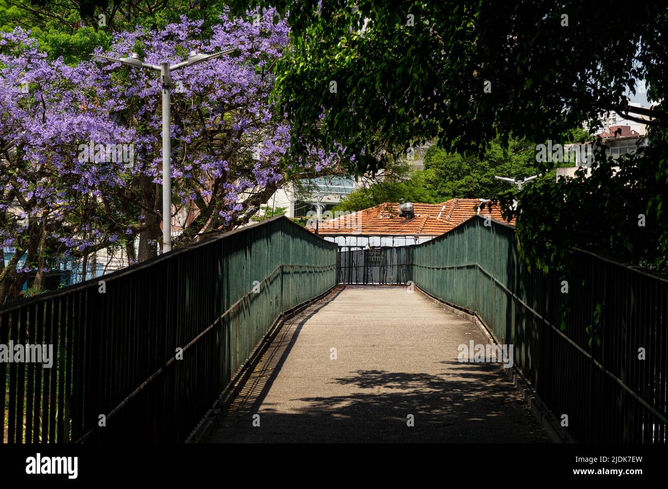 View of the empty Palmeiras Arrancada Heroica 1942 footbridge surrounded by green vegetation and covered by tree shade in a sunny day. Stock Photo