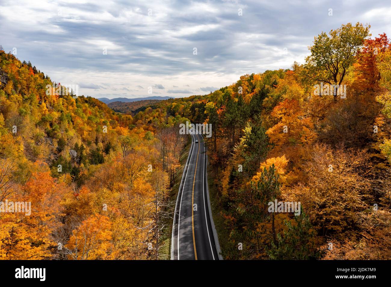Aerial view of peak fall foliage in Keene, New York in upstate New York