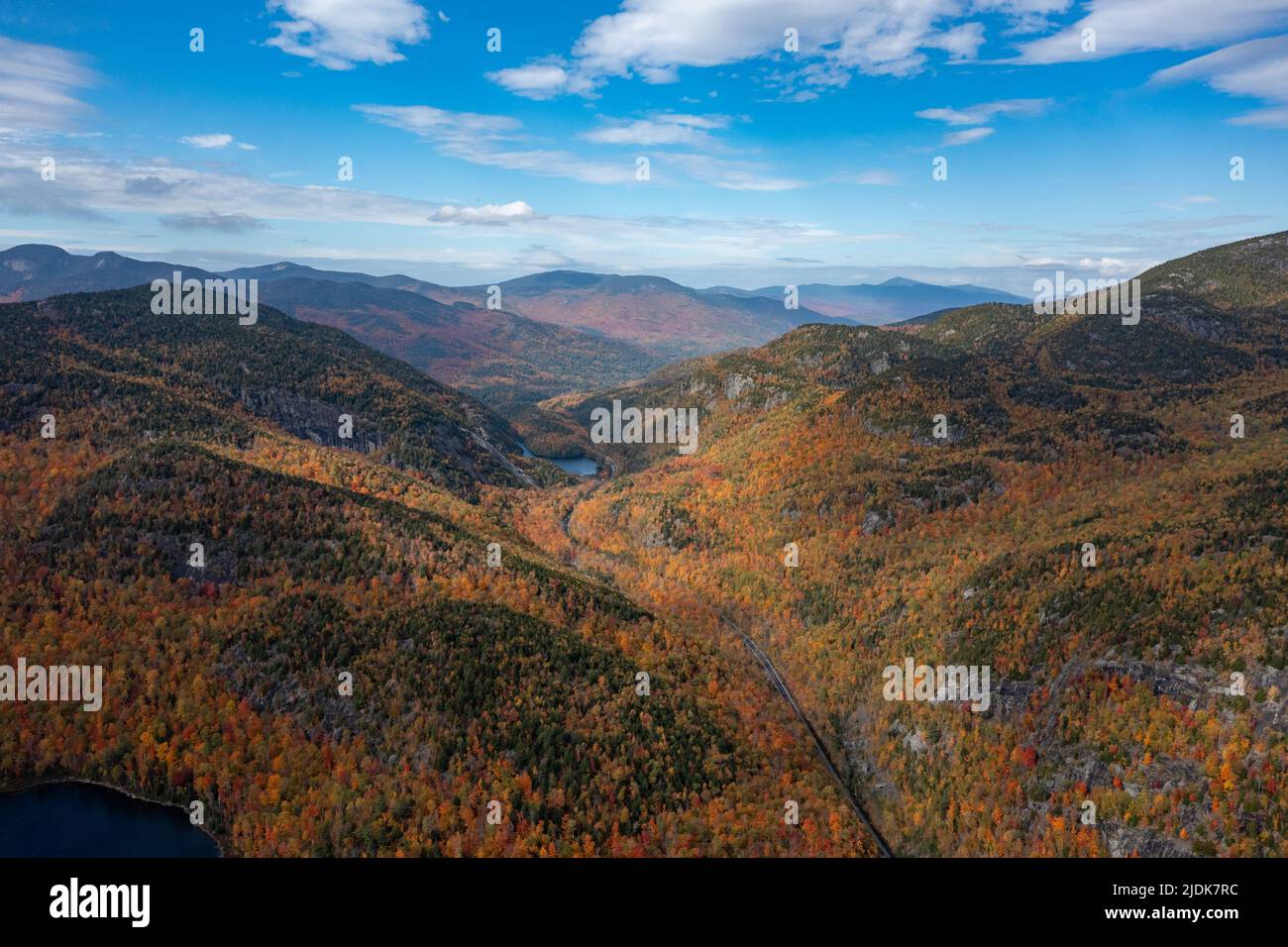 Aerial view of peak fall foliage in Keene, New York in upstate New York