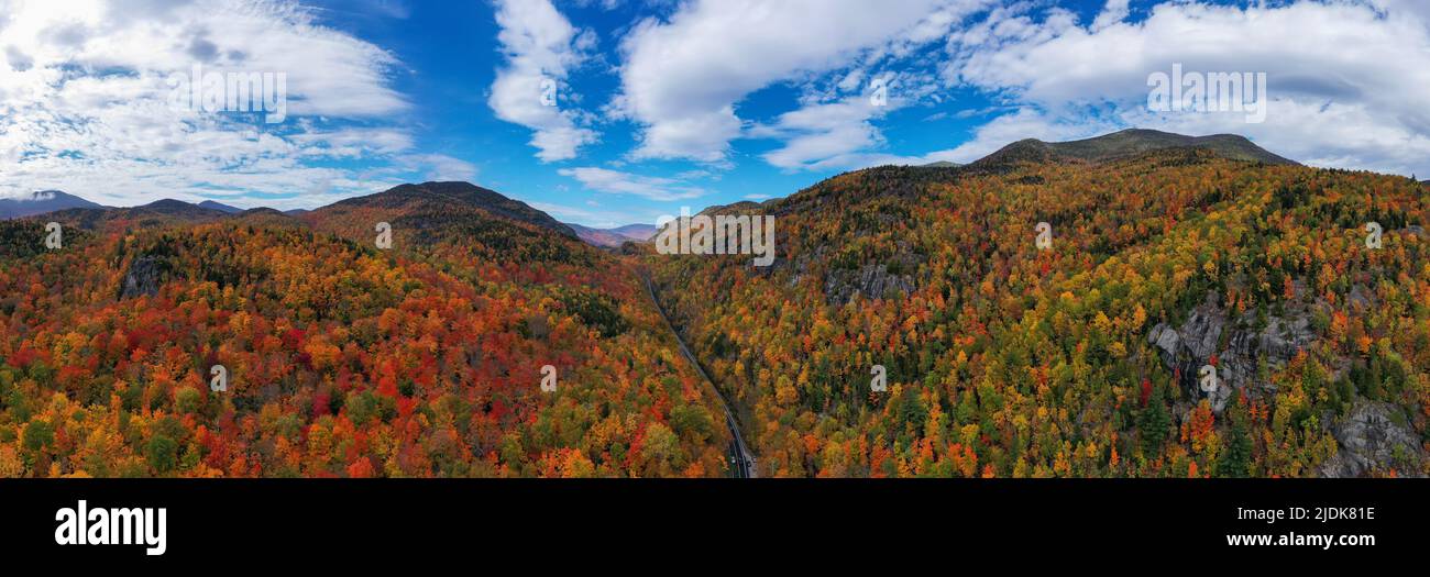 Aerial view of peak fall foliage in Keene, New York in upstate New York. Stock Photo
