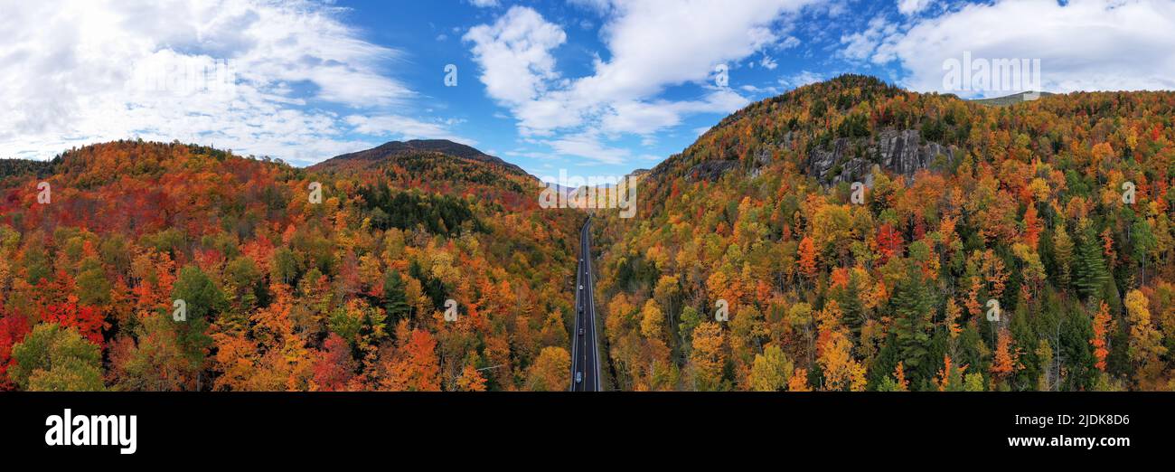 Aerial view of peak fall foliage in Keene, New York in upstate New York