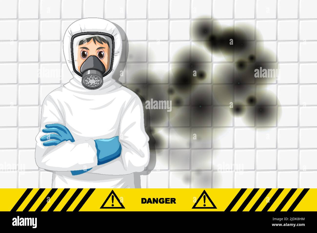 Man in protective hazmat suit with mold on the wall illustration Stock