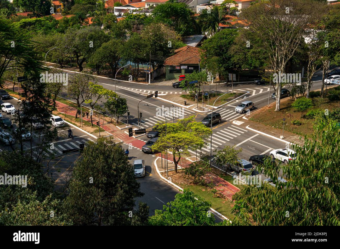 Aerial view of the crossing between Paulo VI avenue with Olavo Freire street, nearby Sumare metro station and Marcia Mammana square in a normal day. Stock Photo