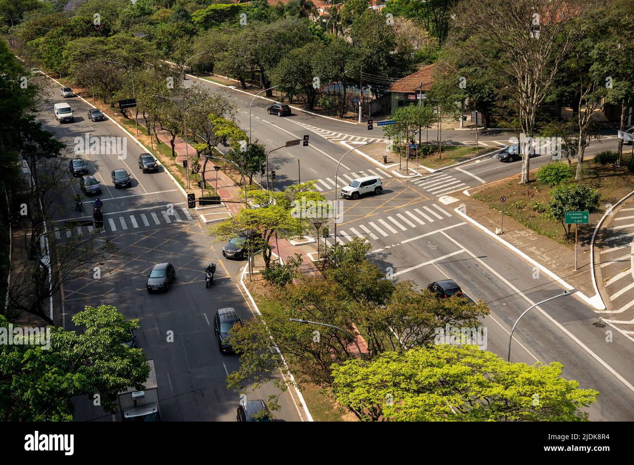 Aerial view from Sumare viewing spot of both ways of Paulo VI avenue and his bicycle lane on the median strip, nearby Sumare metro station. Stock Photo