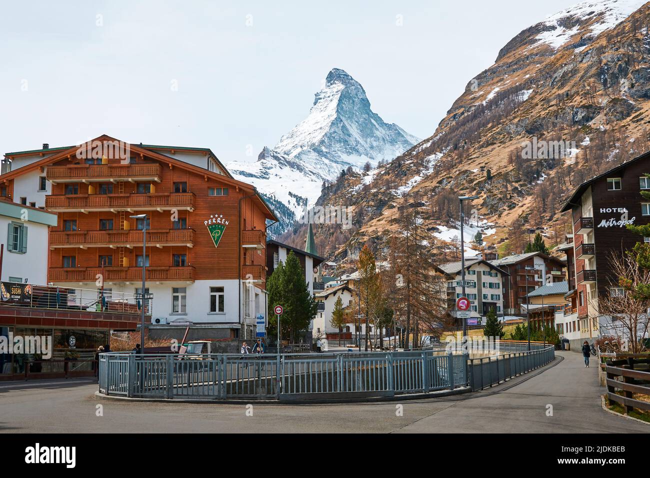 A Landscape view of Matterhorn mountain and city of Zermatt ...