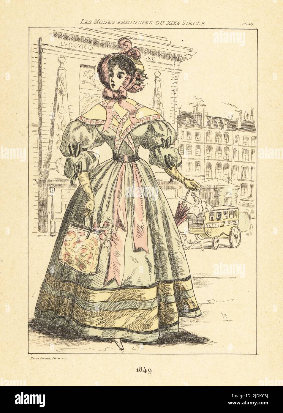 Fashionable lady with handbag and parasol in front of the monumental arch built at Port Saint-Denis, Paris, 1849. Inscribed Ludovico Magno, it was built by architect Francois Blondel for King Louis XIV in 1672. A horse-drawn coach for Bastille behind. Handcoloured drypoint or pointe-seche etching by Henri Boutet from Les Modes Feminines du XIXeme Siecle (Feminine Fashions of the 19th Century), Ernest Flammarion, Paris, 1902. Boutet (1851-1919) was a French artist, engraver, lithographer and designer. Stock Photo
