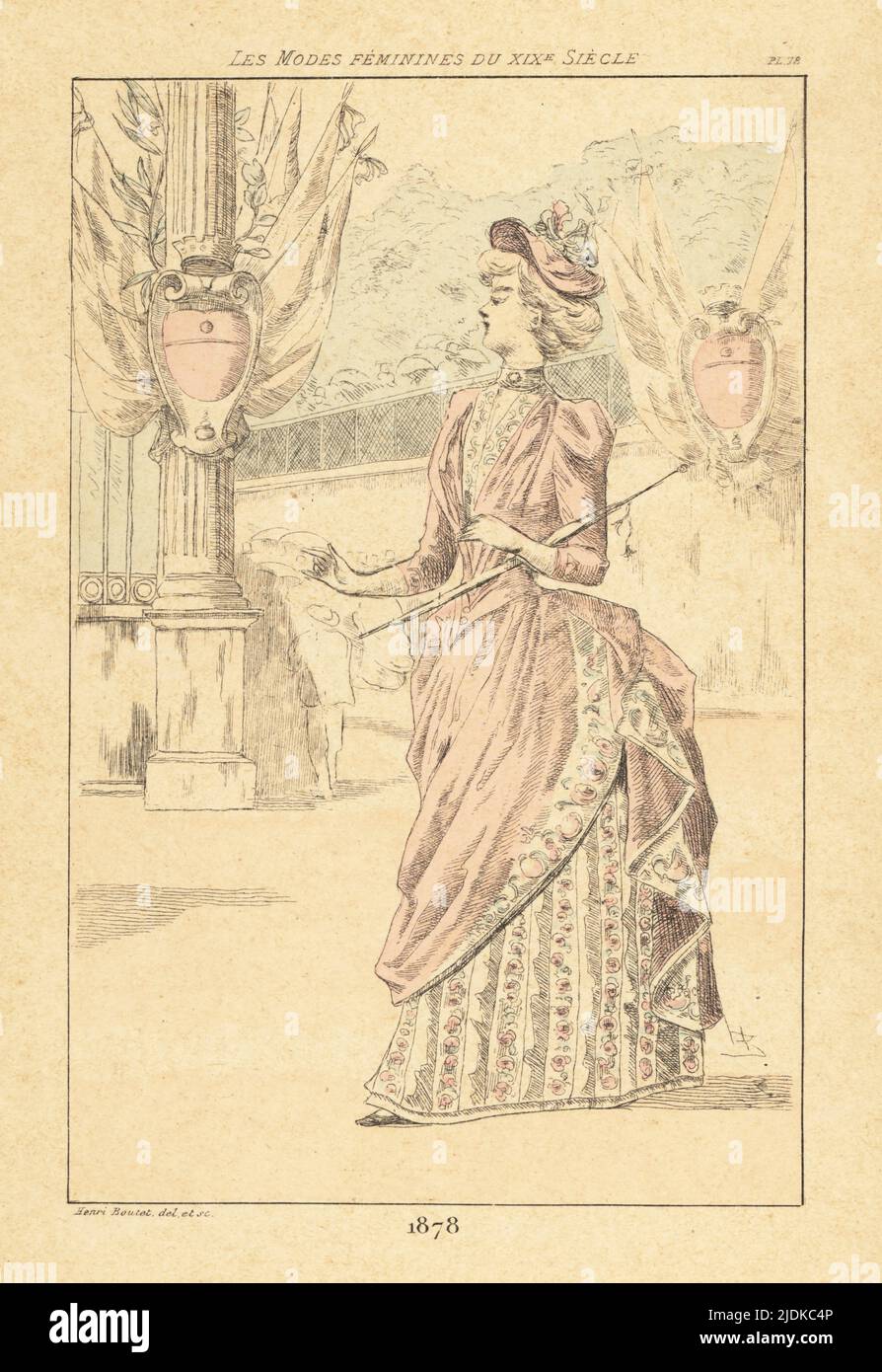 Fashionable lady at the Third Paris World's Fair, Exposition Universelle, 1878. In hat, high-collar blouse, gown with bustle and embroidered petticoats. Gates decorated with shields and flags. Handcoloured drypoint or pointe-seche etching by Henri Boutet from Les Modes Feminines du XIXeme Siecle (Feminine Fashions of the 19th Century), Ernest Flammarion, Paris, 1902. Boutet (1851-1919) was a French artist, engraver, lithographer and designer. Stock Photo