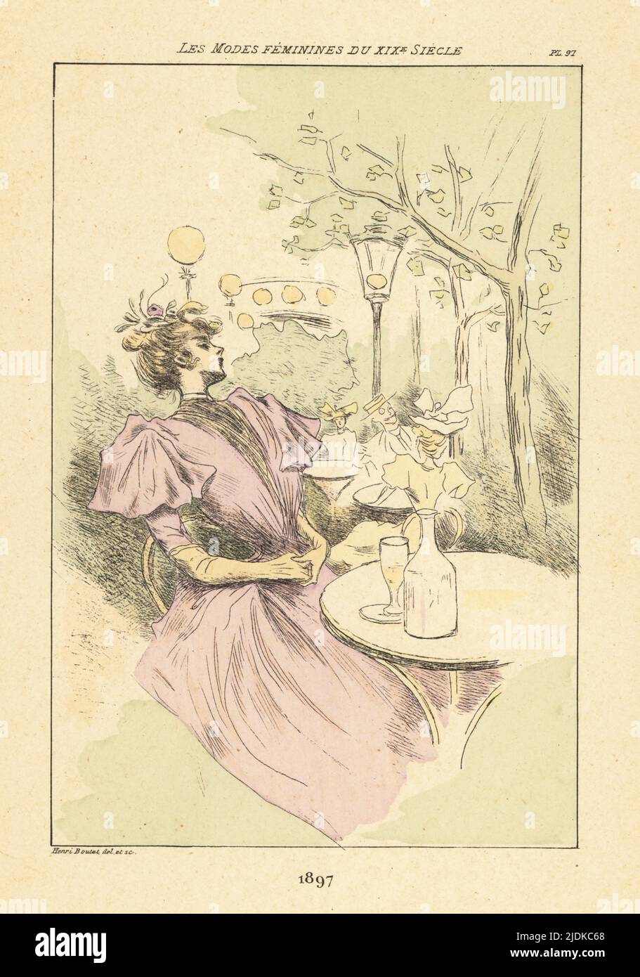 Fashionable lady drinking at a table in a pleasure garden under gas lamps, Paris, 1897. With flowers in her hair, dress with tight waist, large puff sleeves and full skirts. Handcoloured drypoint or pointe-seche etching by Henri Boutet from Les Modes Feminines du XIXeme Siecle (Feminine Fashions of the 19th Century), Ernest Flammarion, Paris, 1902. Boutet (1851-1919) was a French artist, engraver, lithographer and designer. Stock Photo