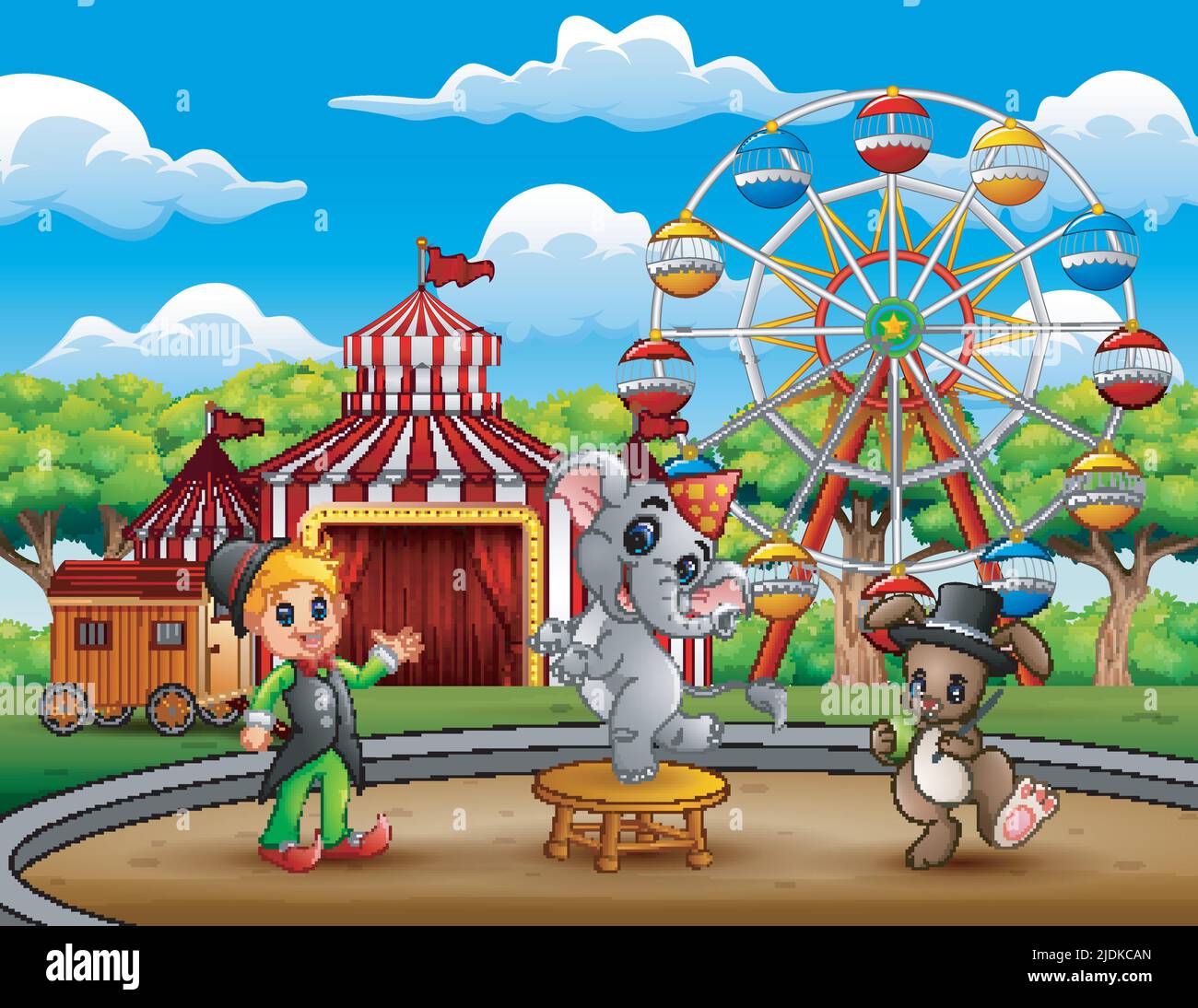 Circus trainer performance with elephant and rabbit Stock Vector