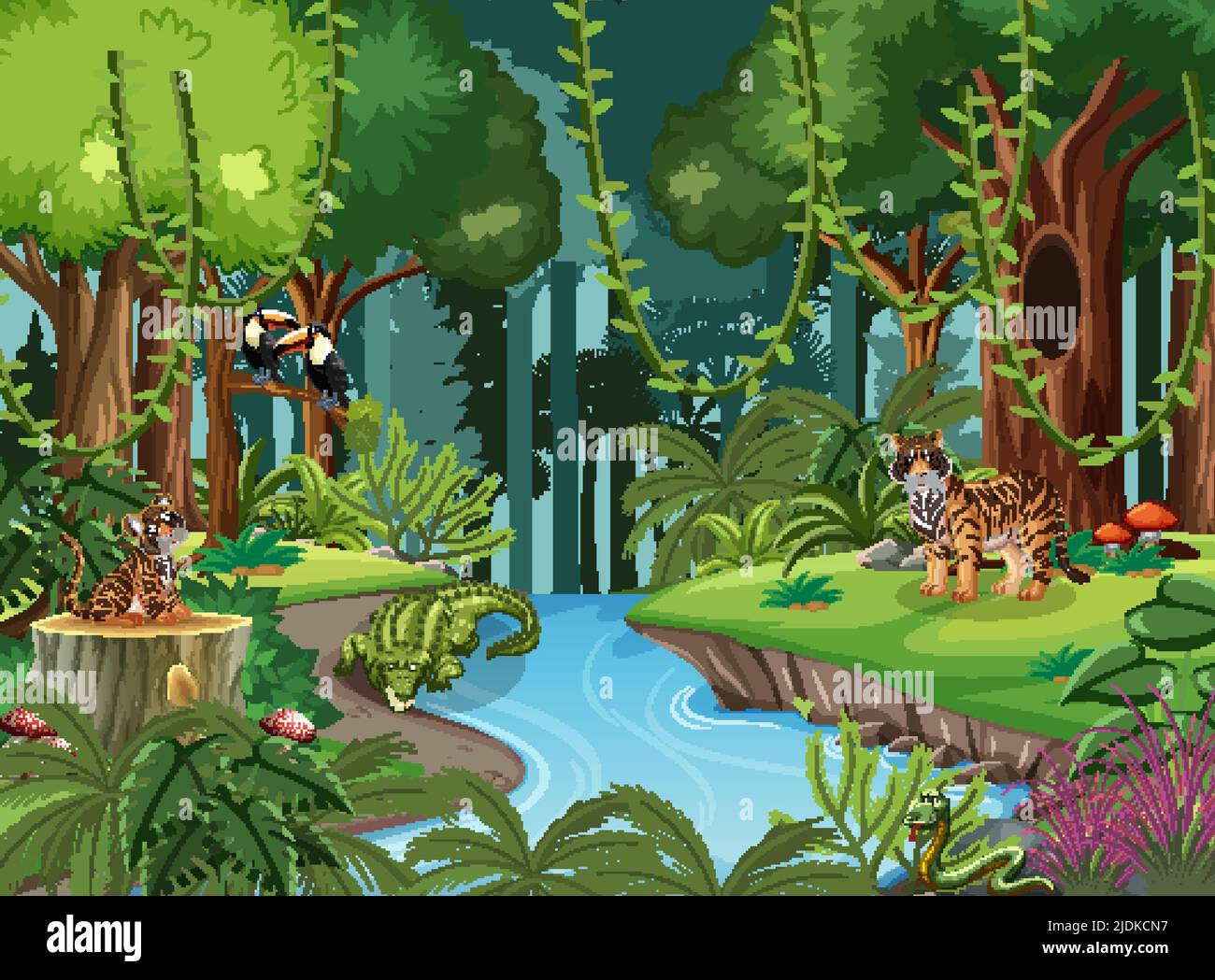 Wild Animals Cartoon Characters In The Forest Scene Illustration Stock ...