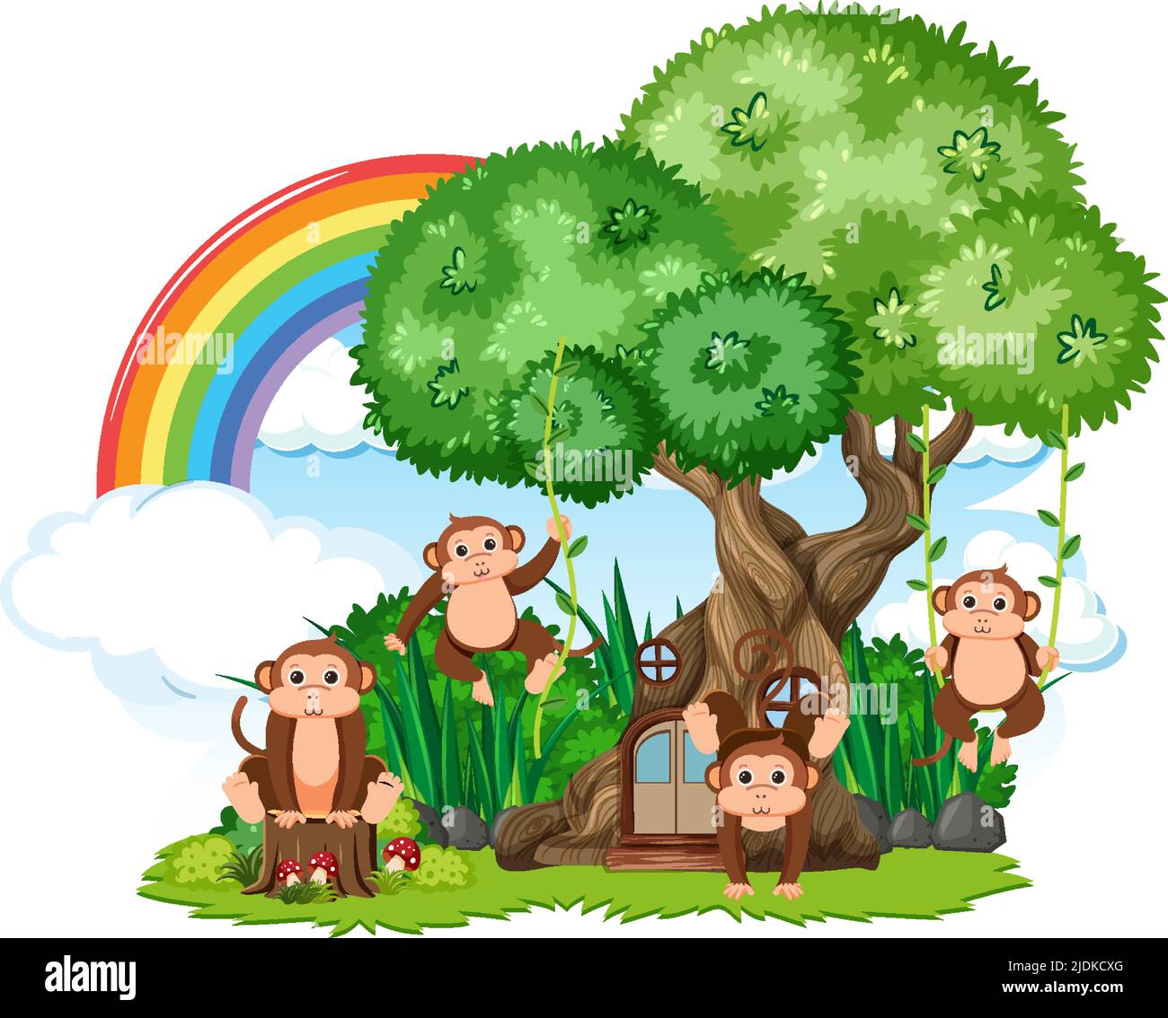 Monkey group with tree illustration Stock Vector Image & Art - Alamy