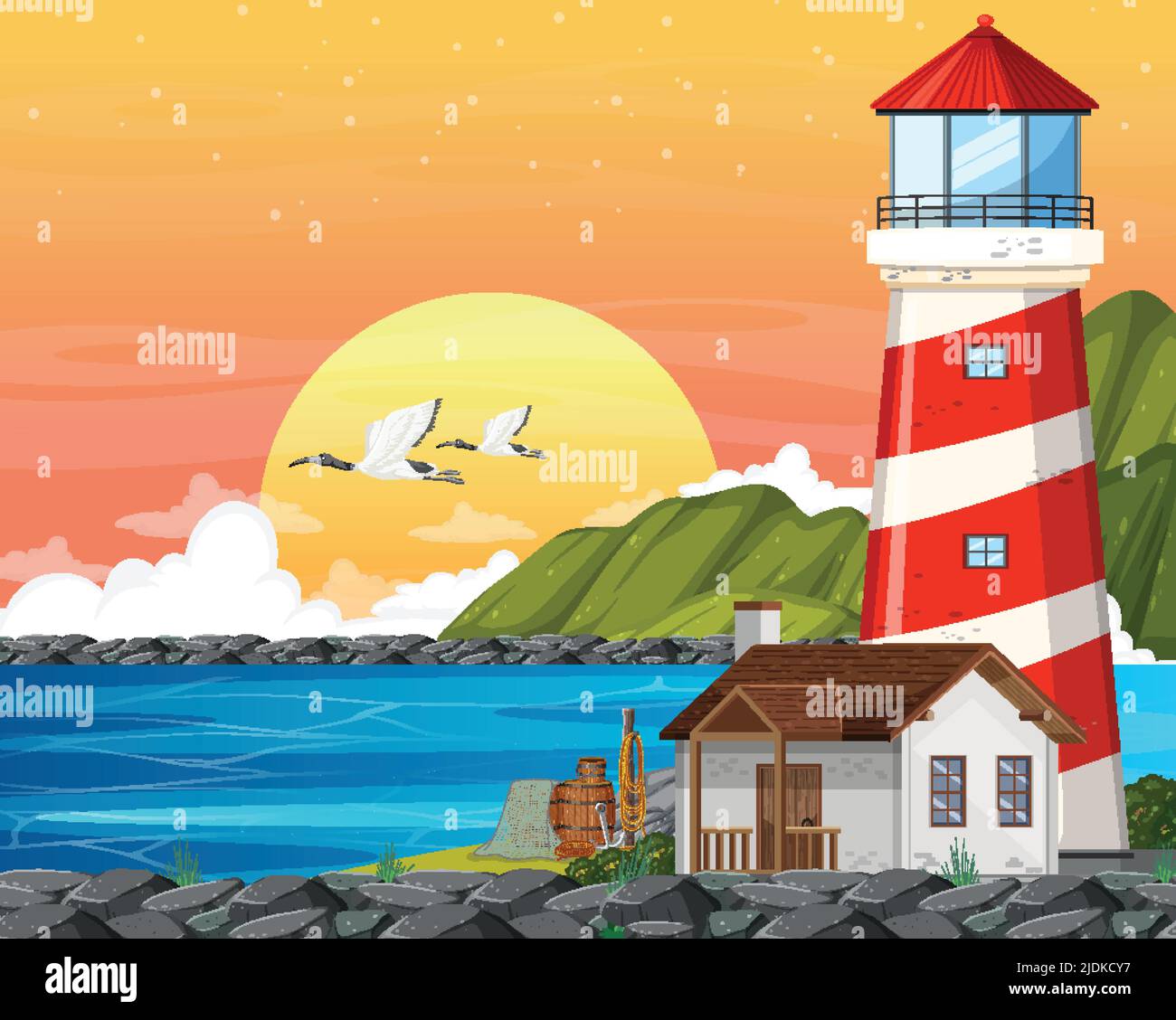 Sunset background with lighthouse on coast illustration Stock Vector ...