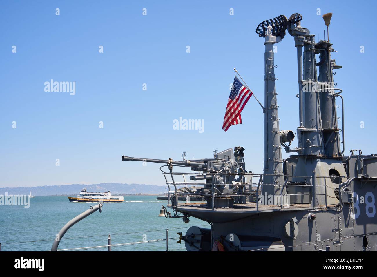 Rear gun and periscope of the USS Pampanito submarine at San Francisco, California. Stock Photo