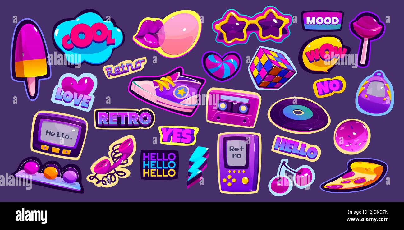 Retro stickers in 90s style. Comic badges with lips with bubble gum, pizza and gameboy. Vector cartoon set of cute icons of cassette, vinyl record, rubiks cube, candies, sunglasses and sneakers Stock Vector
