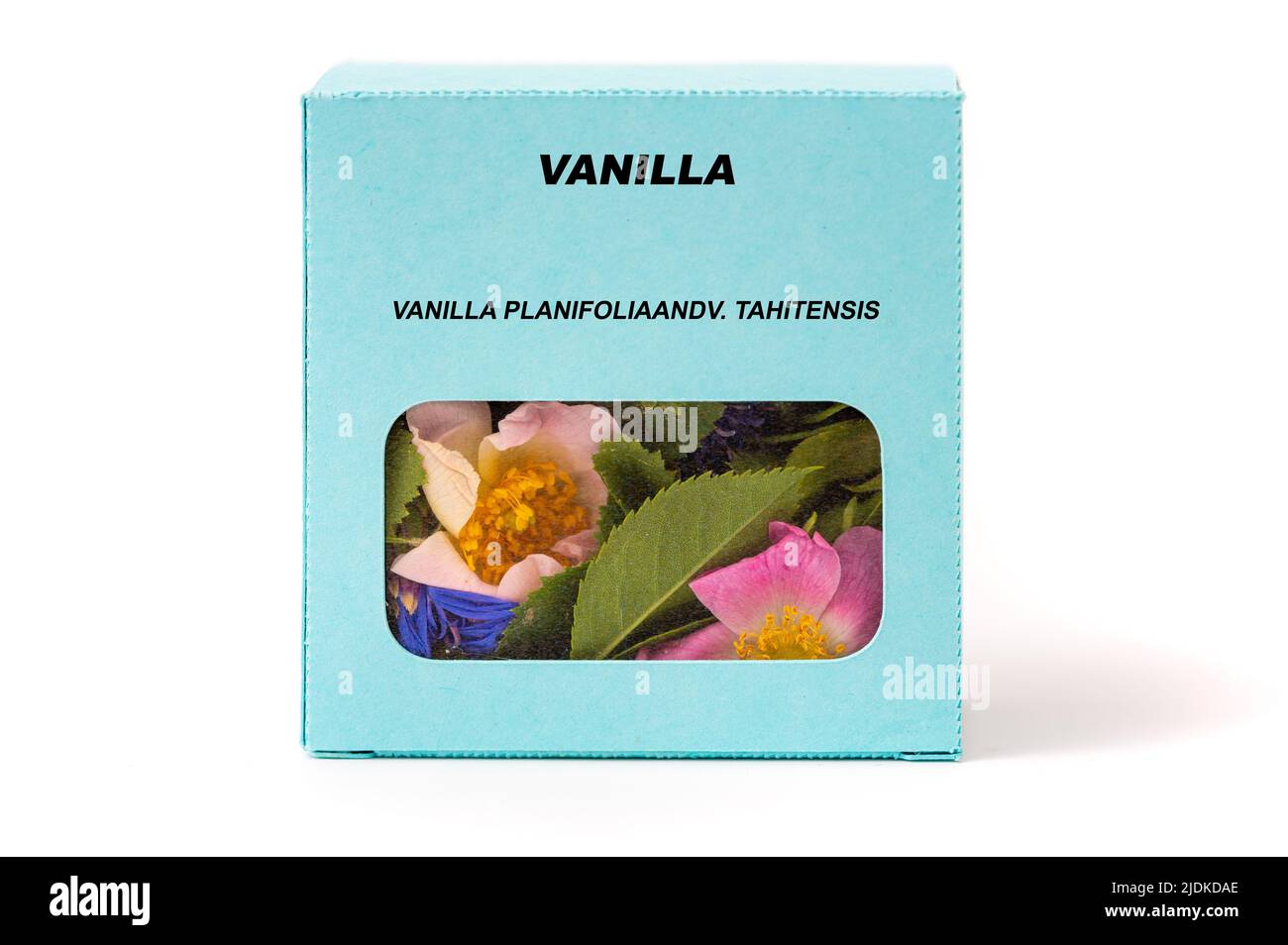 Vanilla Medicinal herbs in a cardboard box. Herbal tea in a gift box Stock Photo
