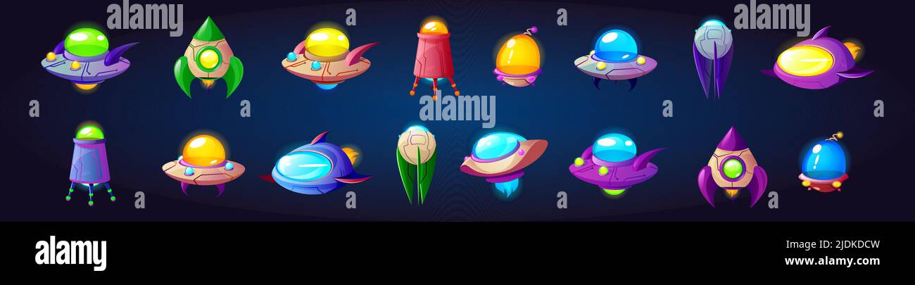 Alien spaceship game icons vector set. Funny rockets, ufo shuttles cartoon  collection illustrations isolated on dark blue background. Fantasy cosmic  objects, computer game graphic design elements Stock Vector Image & Art -